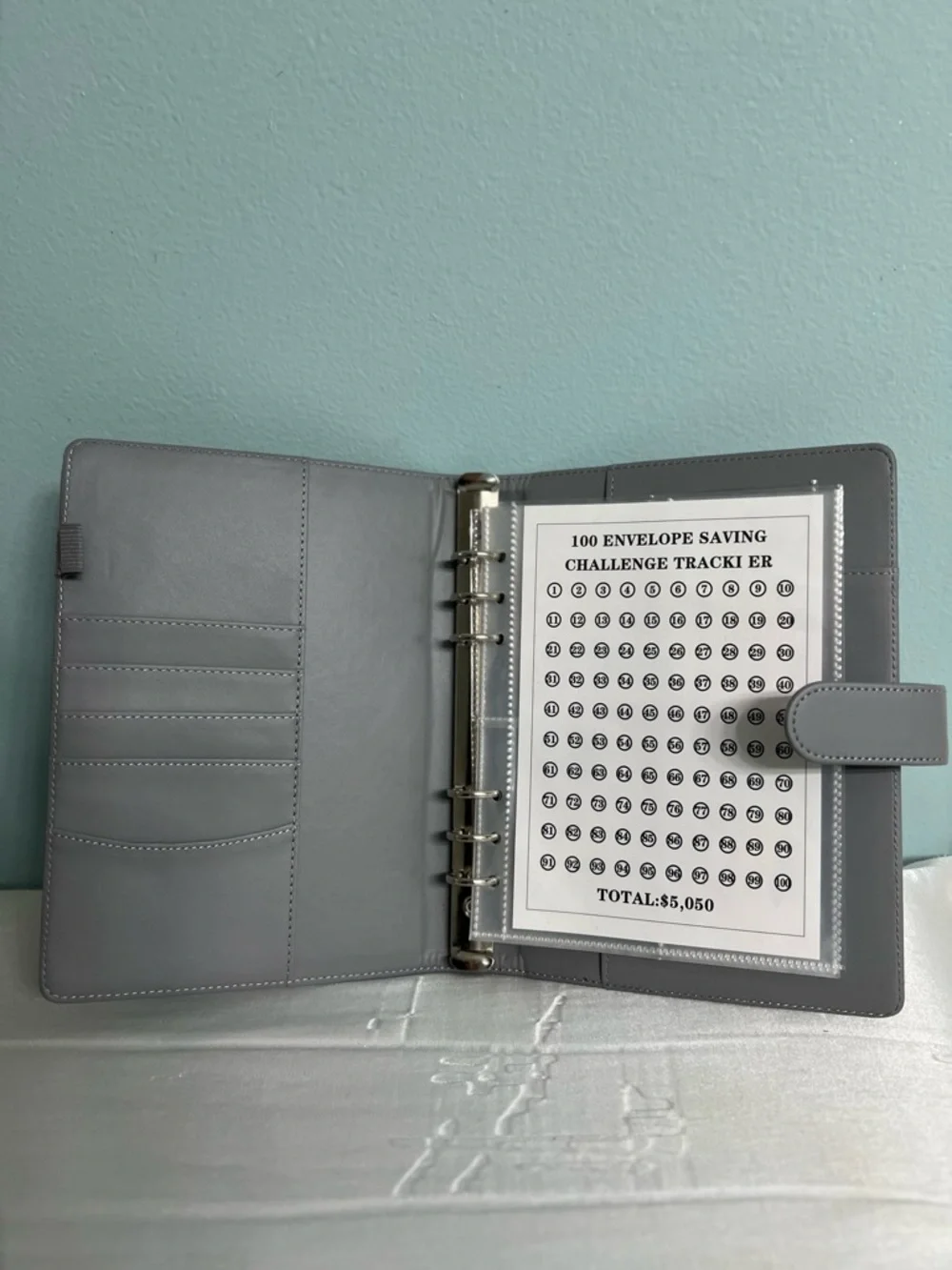 100 Envelope Savings Challenge Wallet - Mint & Gray